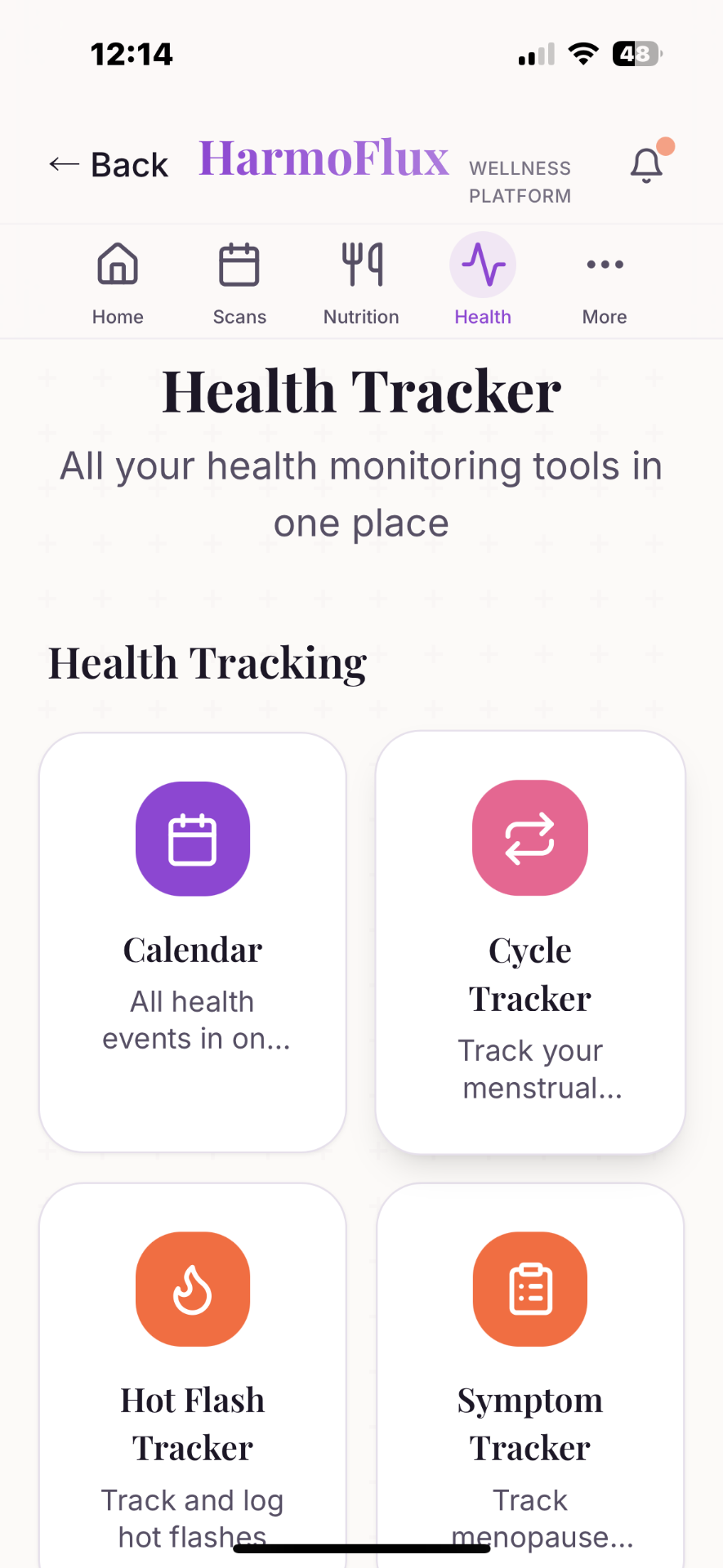 HarmoFlux app screen showing cycle, symptom and medication tracking