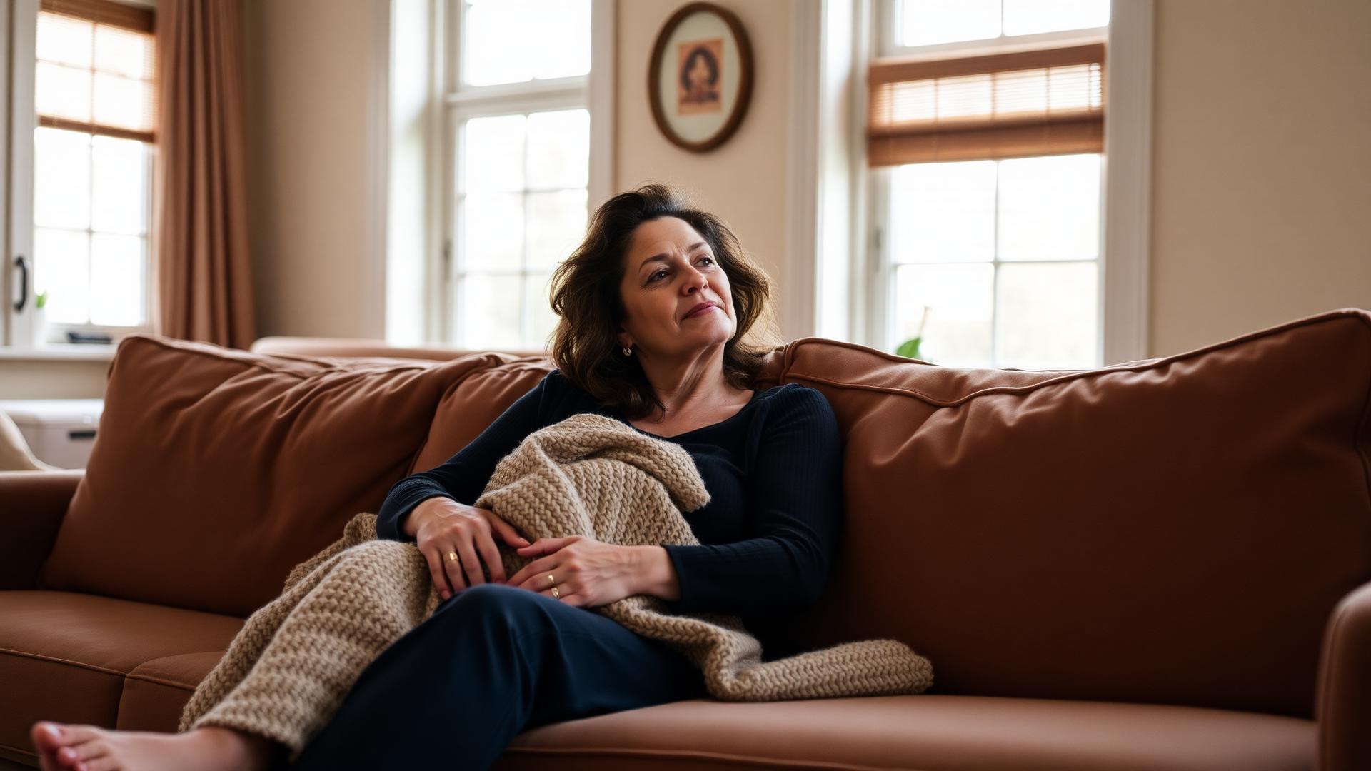 Woman relaxing at home while reviewing her HarmoFlux tracking history