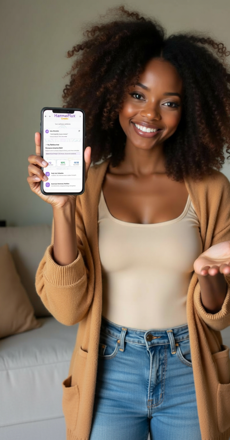 Woman using HarmoFlux wellness app on her phone