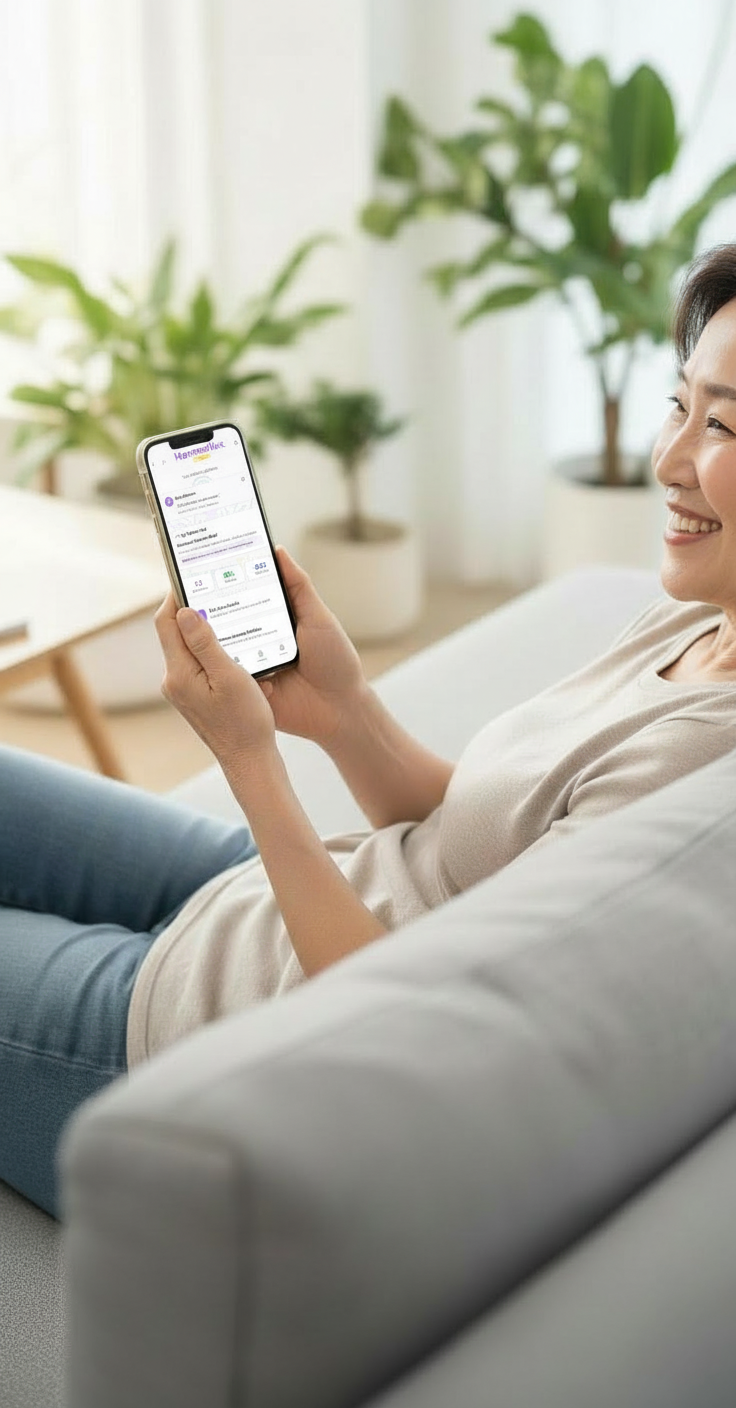 Woman relaxing while checking wellness progress